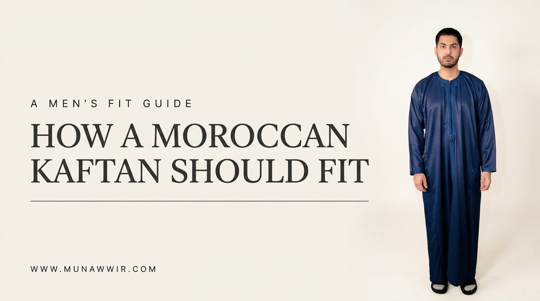 Man wearing a deep blue Moroccan kaftan, cover image for a guide to how a Moroccan kaftan should fit