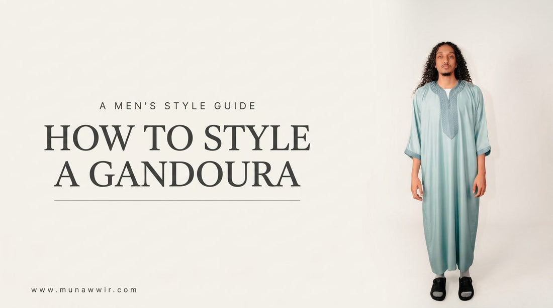 Man wearing a teal Moroccan gandoura, cover image for a guide to styling a gandoura