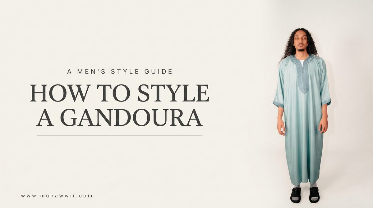 Man wearing a teal Moroccan gandoura, cover image for a guide to styling a gandoura