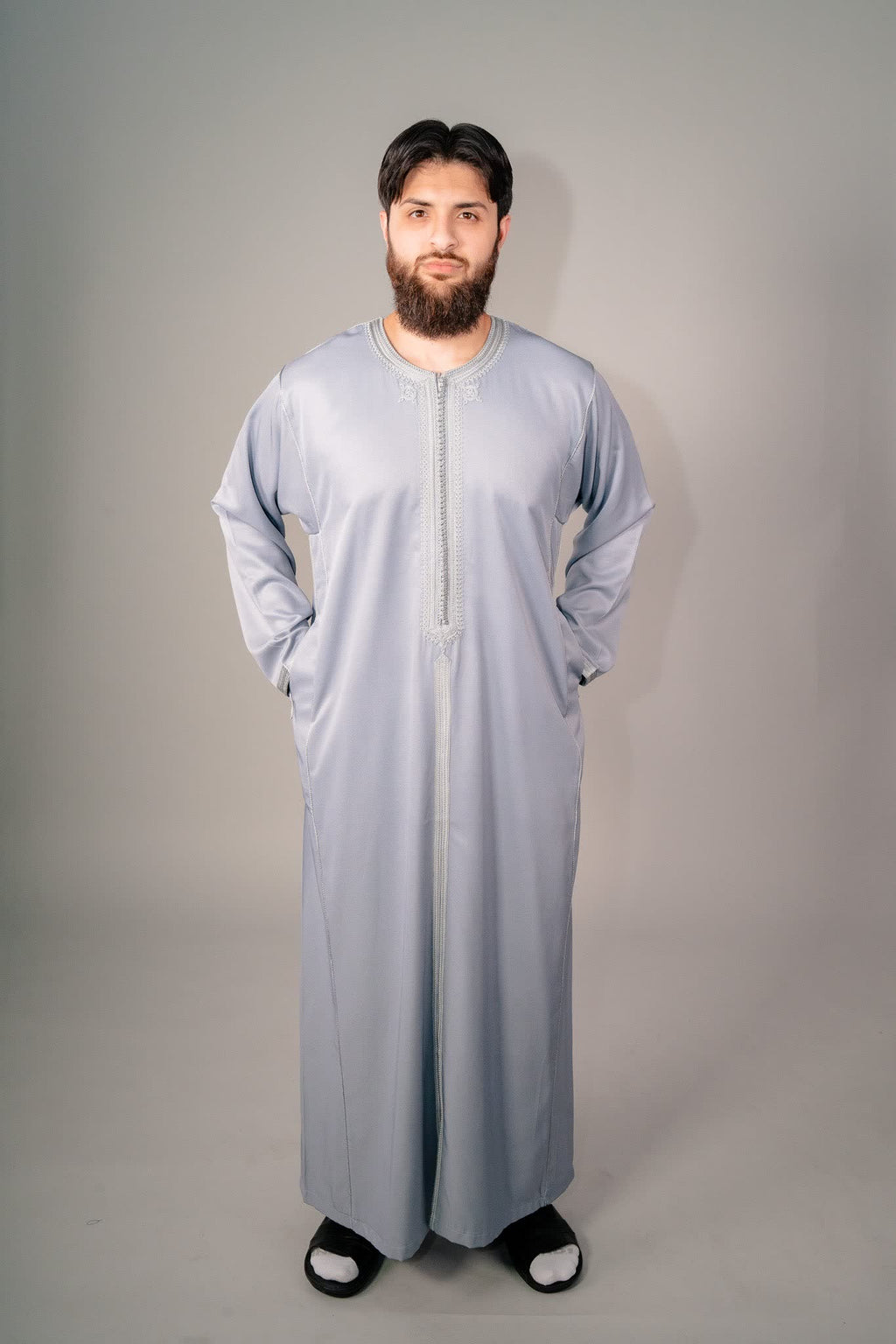 Gray Moroccan kaftan shown full length on a model