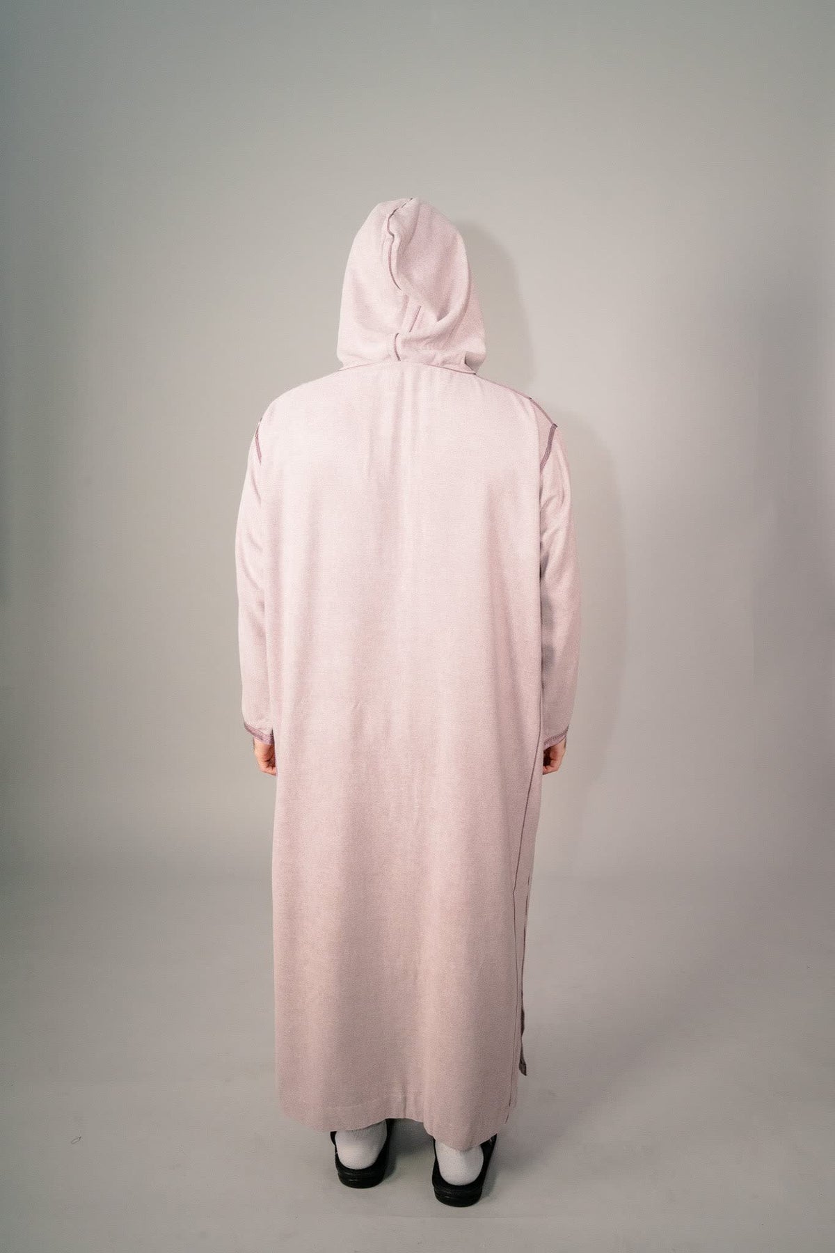 Full length drape of a lavender Moroccan winter djellaba